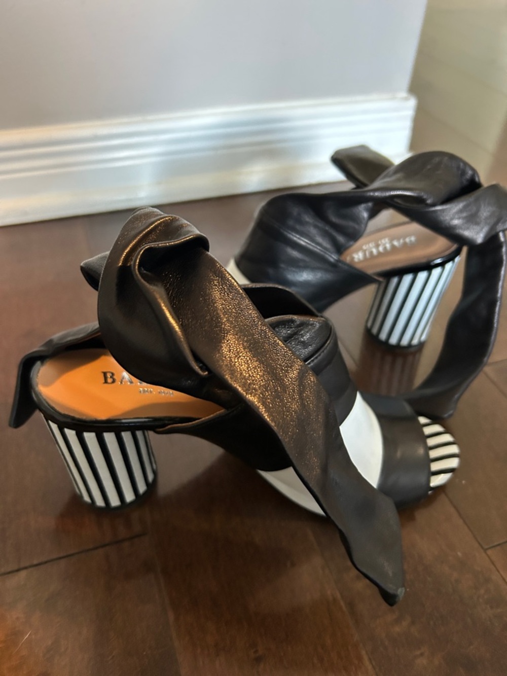 Black and White Striped Block Heel Sandals